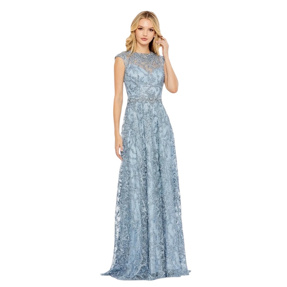 MAC DUGGAL 79430 Slate Blue Lace Embellished Cap Sleeve A-Line Size 14 $798